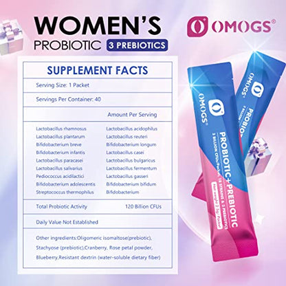 OMOGS Women's Probiotic,120-Billion-CFUs, 18 Strains, with 3 Prebiotics and Cranberry OMOGSUS supplements