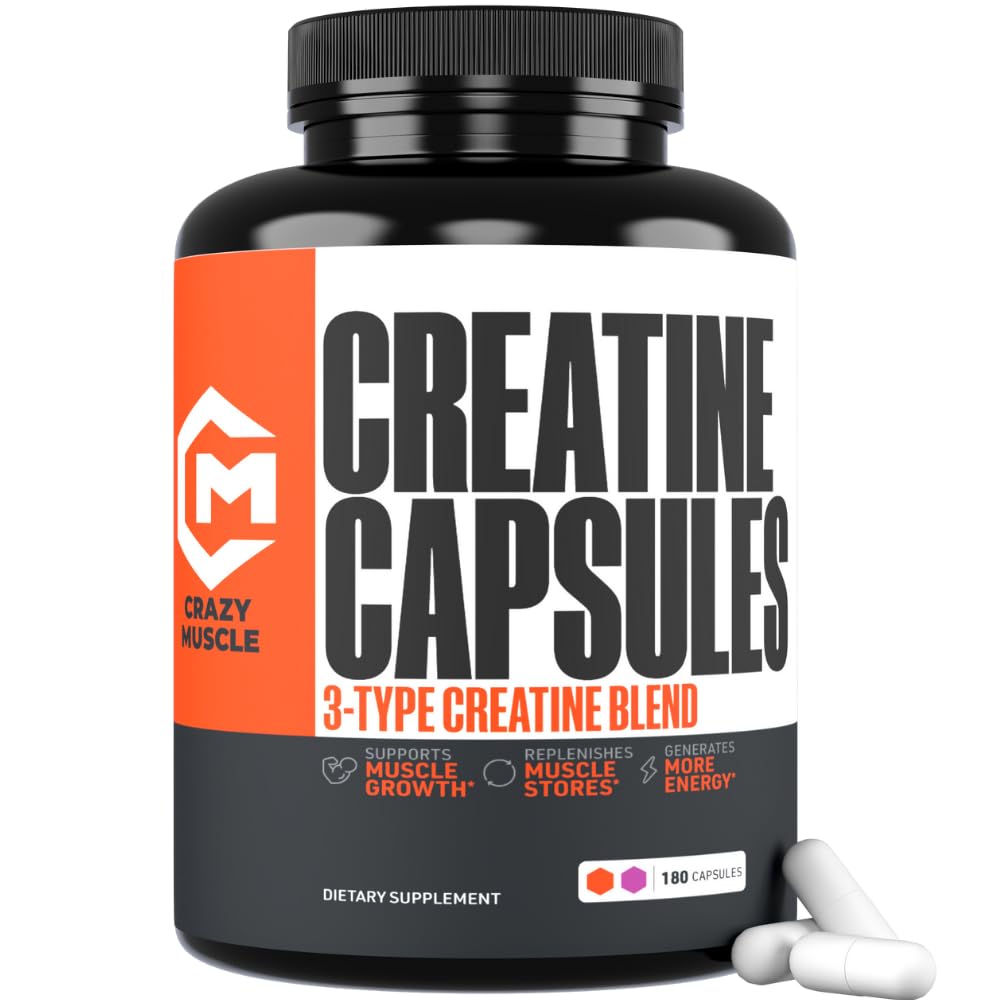 Creatine Capsules, 5g Premium 3X ThreeAtine Pre Workout Bulk Muscle Mass Gainer, High Absorption Easy to Take Creatine Monohydrate Pills Alternative Optimum Performance for Men Women, 180 Capsules Crazy MuscleAu supplements