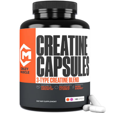 Creatine Capsules, 5g Premium 3X ThreeAtine Pre Workout Bulk Muscle Mass Gainer, High Absorption Easy to Take Creatine Monohydrate Pills Alternative Optimum Performance for Men Women, 180 Capsules Crazy MuscleAu supplements