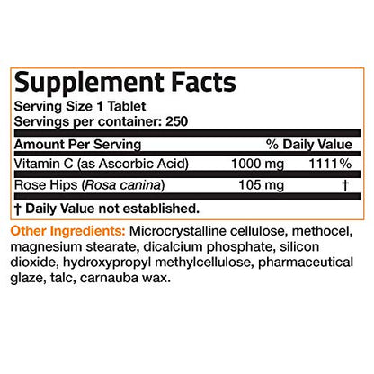 Bronson Vitamin C 1000 mg with Rose Hips Sustained Release, 250 Tablets BronsonUS supplements
