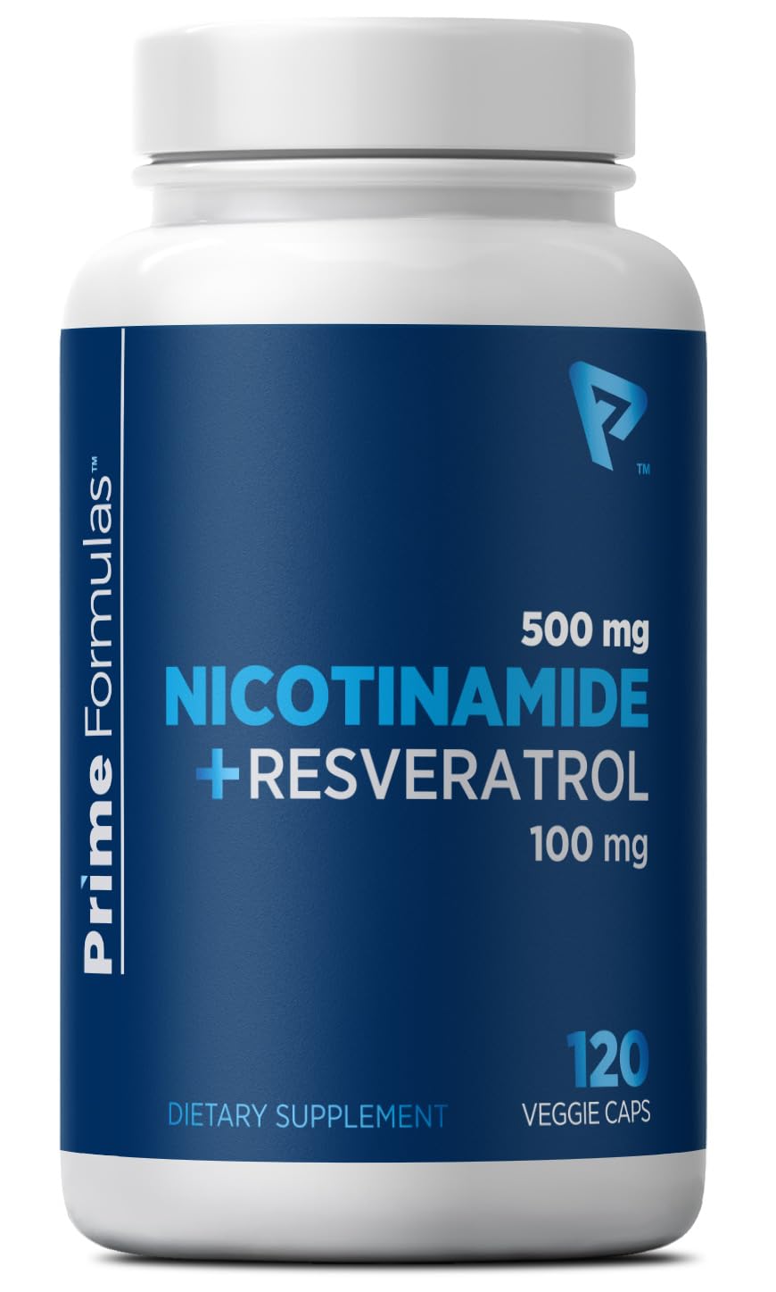 Nicotinamide 500 mg with Resveratrol 100 mg 120 Veggie Capsules - Non-GMO Vitamin B3, Supports Metabolic Health, NAD+, Skin Cell & Mitochondrial Energy Production. Made in USA for Men and Women Prime FormulasAu supplements