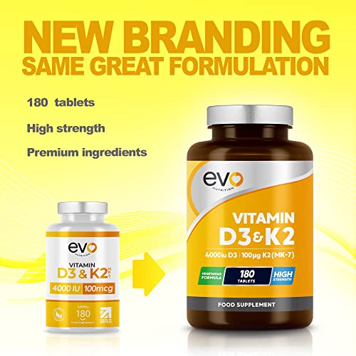Vitamin D3 4000iu & Vitamin K2 100ug (MK7) |180 Vegetarian Tablets | 1-A-Day | 6 Month EVO NUTRITIONUS supplements