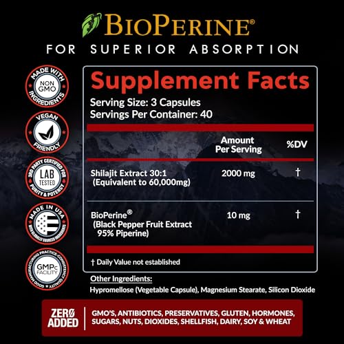Pure Himalayan Shilajit Capsules Supplement (60,000mg+ Absorption Enhancer+50% Rainbow Nutrients, LLCUS supplements