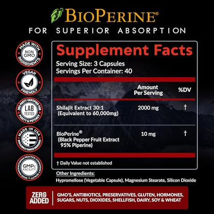 Pure Himalayan Shilajit Capsules Supplement (60,000mg+ Absorption Enhancer+50% Rainbow Nutrients, LLCUS supplements