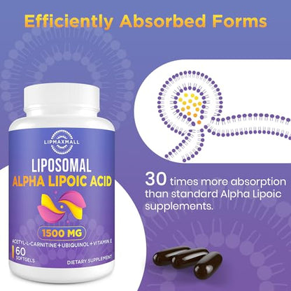 Liposomal Alpha Lipoic Acid 1500mg - with Acetyl-L-Carnitine 900mg & Ubiquinol 100mg lipmaxmallUS supplements