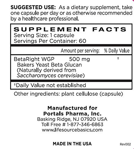 Life Source Basics Immune System Support Activator - High Purity Beta 1,3/1,6 Glucan - Immunity and Vitamin Supplement Non-GMO & Vegan Friendly for Men & Women, Gluten-Free 500 mg - 60 Capsules L LIFE SOURCE BASICSAu supplements