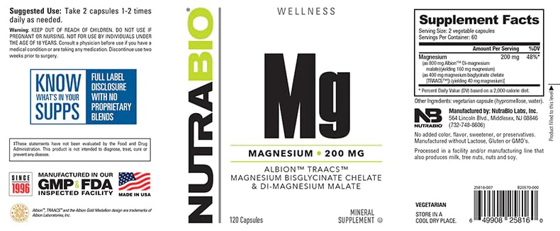 NutraBio Magnesium Supplement, Magnesium Glycinate for Sleep, Biglycinate, D-Magnesium Malate, Muscle & Nerve Support, for Men and Women, 120 Vegetable Capsules NutraBioAu supplements