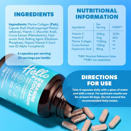 Marine Collagen Capsules - 1855mg - 120 Capsules - Enriched with Hyaluronic Acid & Vitamins C & E Hello PureAu supplements