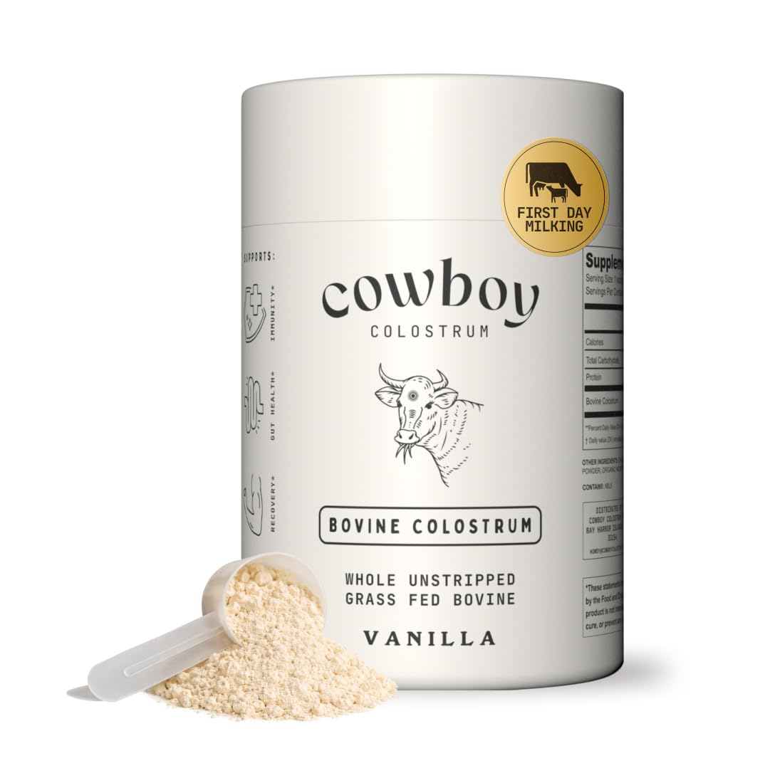 Cowboy - The Exclusive 1st Milking, Whole, Grass Fed Colostrum Supplement for Full Body Health - Bovine Colostrum Powder Packed w/Bioactive Nutrients - Sugar Free (Vanilla, 40 Servings) COWBOY COLOSTRUMAu supplements