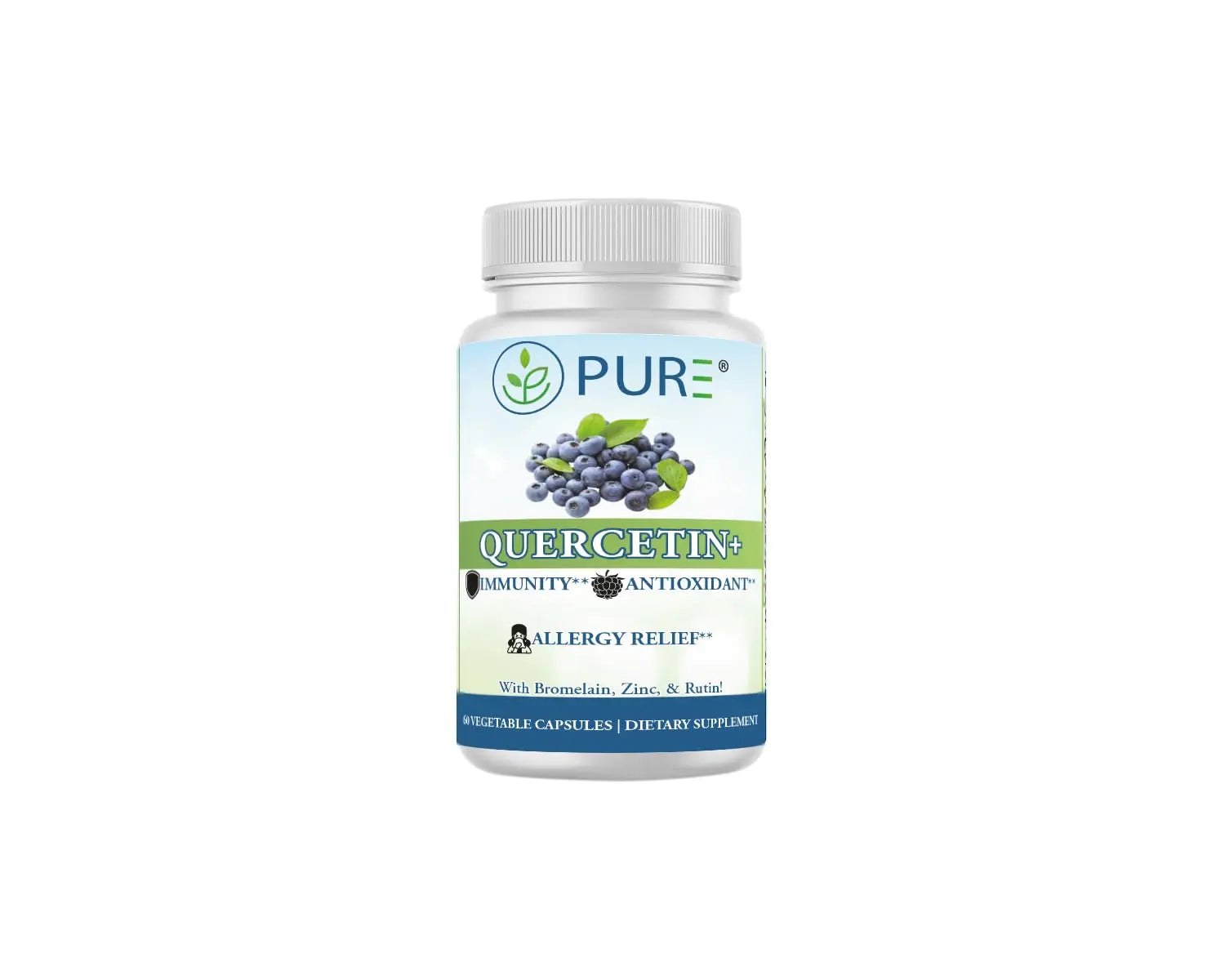 PURE® Quercetin+ with Zinc, Bromelain, Rutin Immune Shield - 60 Capsules - High Bioavailability Antioxidant Complex for Respiratory Health & Viral Defense - Made in USA PUREAu supplements
