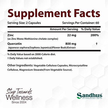 Sandhu's Zinc Quercetin 120 Vegetarian Capsules – Zinc Supplements for Antioxidant Sandhu'sUS supplements