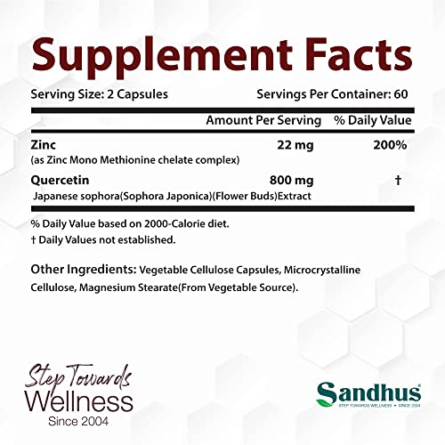 Sandhu's Zinc Quercetin 120 Vegetarian Capsules – Zinc Supplements for Antioxidant Sandhu'sAu supplements