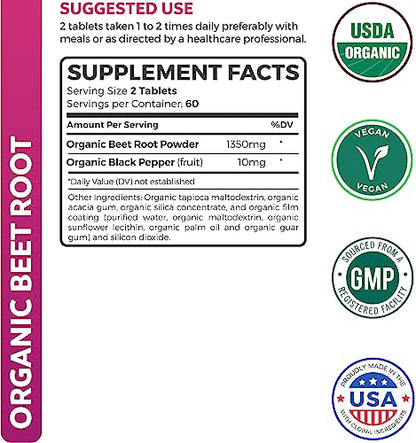 USDA Organic Beet Root Powder (120 Tablets) 1350mg Beets Per Serving with Black Pepper Healths HarmonyUS supplements