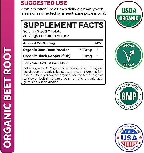 USDA Organic Beet Root Powder (120 Tablets) 1350mg Beets Per Serving with Black Pepper Healths HarmonyAu supplements