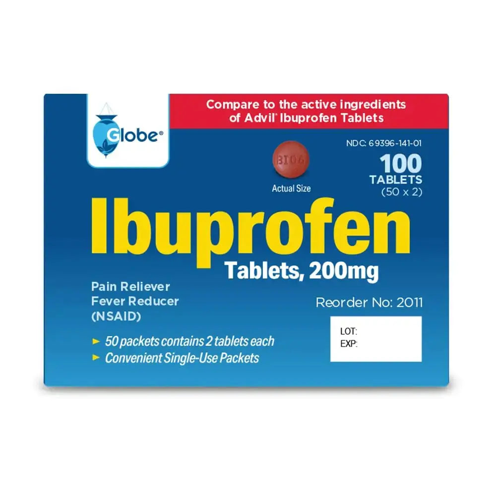 Globe Ibuprofen Tablets, 200 mg, Pain Reliever and Fever Reducer, for Headache, Muscular Aches, Arthritis, Backache and More 50 Packets of 2 Tablets Each,100 Tablets Trifecta Pharmaceuticals USAAu supplements
