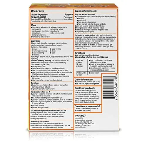Motrin IB, Ibuprofen 200mg Tablets, NSAID Pain & Fever Reliever for Headache, Backache, Muscular Aches, Arthritis Pain Reliever, 50 Travel Packets of 2, 100 ct MotrinAu supplements
