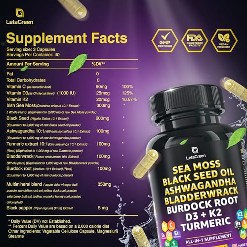 LetaGreen Irish Sea Moss Capsules – 120 Wildcrafted Sea Moss Pills with Black Seed Oil LetaGreenUS supplements
