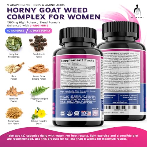 Helix Heal Libido Booster for Women Fast Acting with Horny Goat Weed - Female Desire Pills with Maca Root, Tribulus Terrestris, Ginseng and Hornygoatweed Women - Hormone Balance, Made in USA (60 ct) Helix HealAu supplements