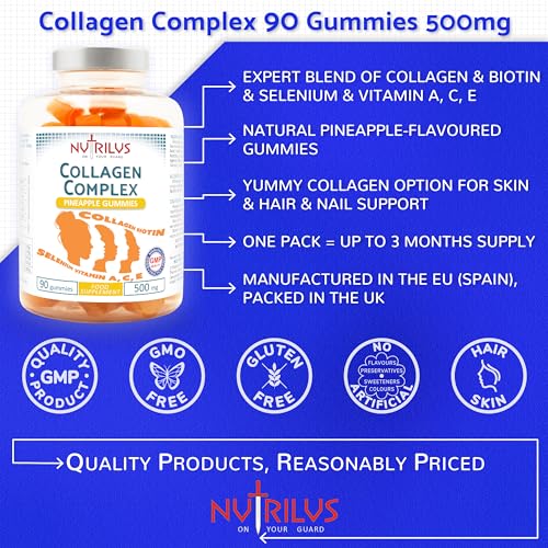Collagen Complex 90 Natural Pineapple Gummies 500mg - Large Pack - with Biotin & Selenium NutrilusAu supplements