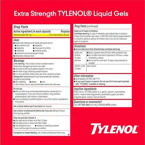 Tylenol Extra Strength Liquid Gels, Fast, Strong Pain Relief, Fever Reducer for Adults with 500 mg Acetaminophen, Fast-Acting Liquid Gel Capsules for Headaches & Minor Pain Relief, 40 Count TylenolAu supplements