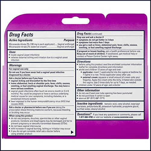 Monistat 7 Day Yeast Infection Treatment for Women, 7 Miconazole Cream Applications with Disposable MonistatAu supplements