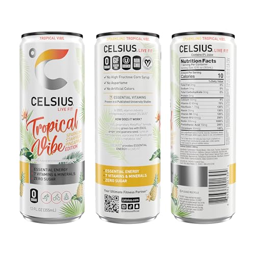 CELSIUS Sparkling Tropical Vibe, Functional Essential Energy Drink 12 Fl Oz (Pack of 12) CELSIUSUS supplements