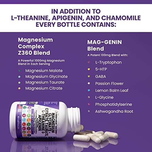 Magnesium Glycinate Complex 1000mg with L-Theanine 200mg Apigenin 50mg Citrate Taurate Supplement - 5-HTP GABA Passion Flower Lemon Balm L-Glycine Phosphatidylserine Ashwagandha - USA Made Clean Nutra Clean NutraceuticalsUS supplements