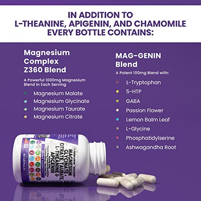 Magnesium Glycinate Complex 1000mg with L-Theanine 200mg Apigenin 50mg Citrate Taurate Supplement - 5-HTP GABA Passion Flower Lemon Balm L-Glycine Phosphatidylserine Ashwagandha - USA Made Clean Nutra Clean NutraceuticalsUS supplements