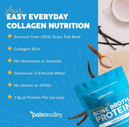 Paleovalley 100% Grass Fed Bone Broth Protein Powder - Vanilla - Rich in Collagen for Hair PaleovalleyUS supplements