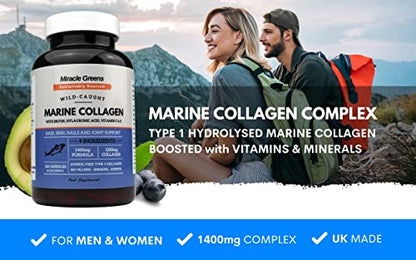 Marine Collagen 1400mg | 120 Capsules with Biotin, Hyaluronic Acid, Vitamin C, E, B2, Zinc, Copper & Iodine Miracle GreensUS supplements
