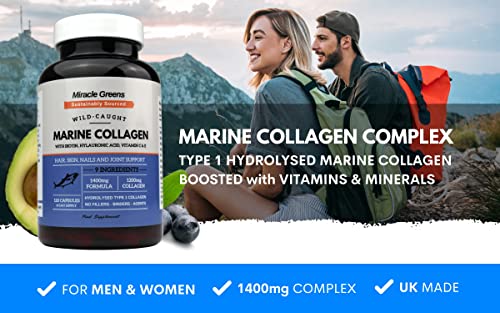 Marine Collagen 1400mg | 120 Capsules with Biotin, Hyaluronic Acid, Vitamin C, E, B2, Zinc, Copper & Iodine Miracle GreensAu supplements