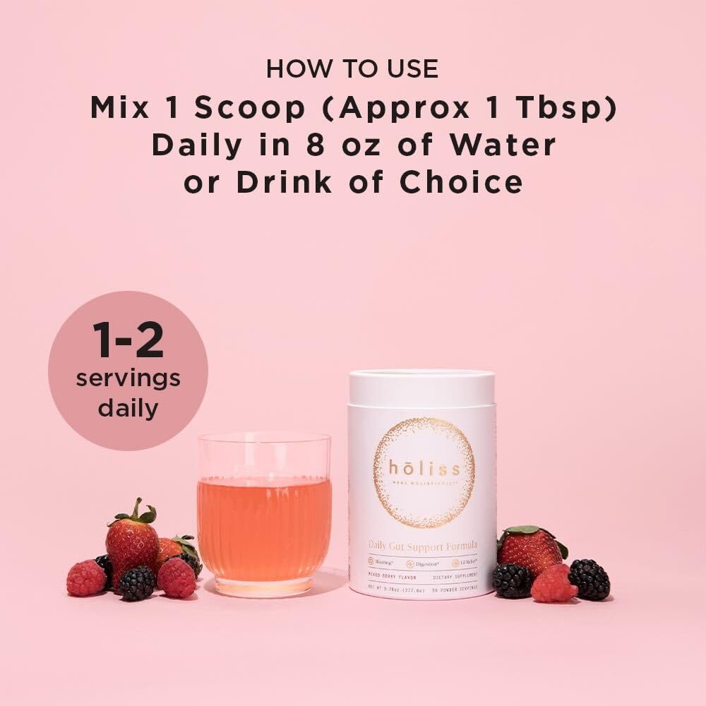 HOLISS Daily Gut Health Kit – 6-in-1 All Natural Supplement, Bloat & Gas Aid, GI Lining Repair, IBS Support – Lemon Balm, L-Glutamine, PepZinGI, Mixed Berry, 30 Servings, Electric Mixer & Spoon HOLISSAu supplements