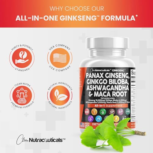 Panax Ginseng 10000mg Ginkgo Biloba 4000mg Ashwagandha Maca Root Clean NutraceuticalsUS supplements