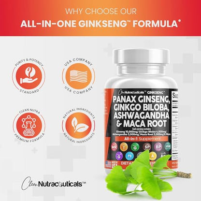Panax Ginseng 10000mg Ginkgo Biloba 4000mg Ashwagandha Maca Root Clean NutraceuticalsUS supplements