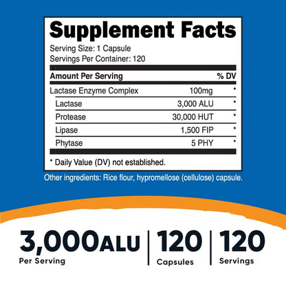 Nutricost Lactase Enzyme Complex 3,000 FCC ALU, 120 Vegetarian Capsules - Non-GMO NutricostUS supplements