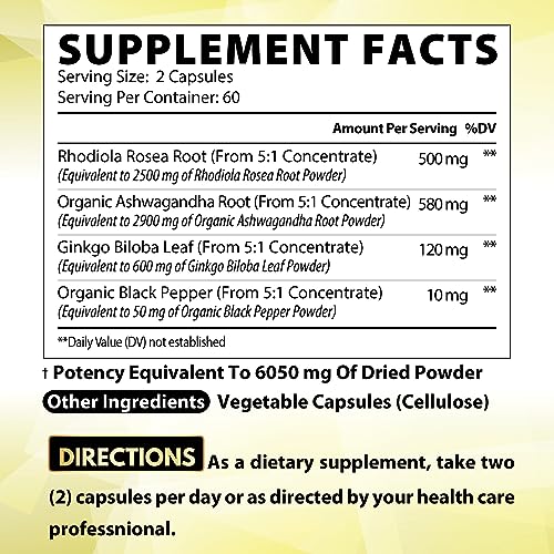 6050mg Rhodiola Rosea Supplement with Ashwagandha Root, Ginkgo Biloba & Black Pepper SatoomiUS supplements