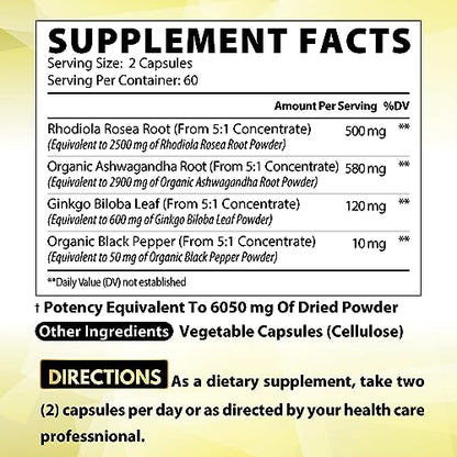 6050mg Rhodiola Rosea Supplement with Ashwagandha Root, Ginkgo Biloba & Black Pepper SatoomiUS supplements