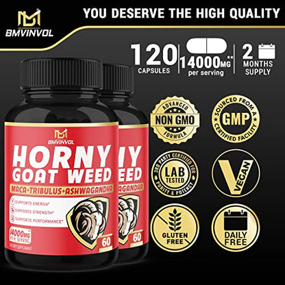 BMVINVOL (2 Packs) Horny Goat Weed Capsules, 14000mg Herbal Equivale BMVINVOLUS supplements