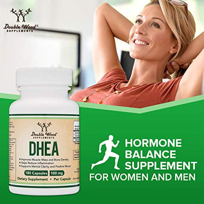 DHEA 100mg | 180 Capsules | Max Strength 6 Month Supply | Third Party Tested | Hormone Double Wood SupplementsUS supplements