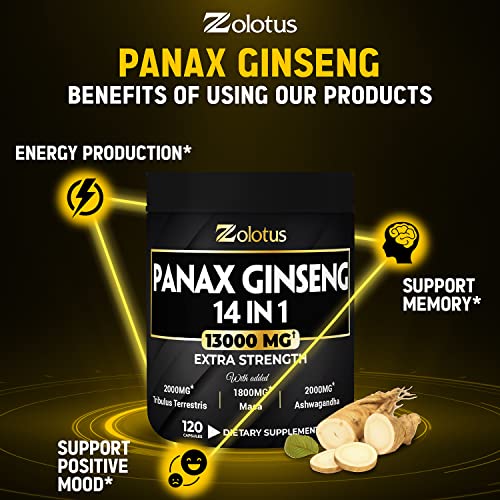 Premium Panax Ginseng 14 in 1, 13X Potency, High Strength Capsules with Horny Goat Weed ZolotusUS supplements