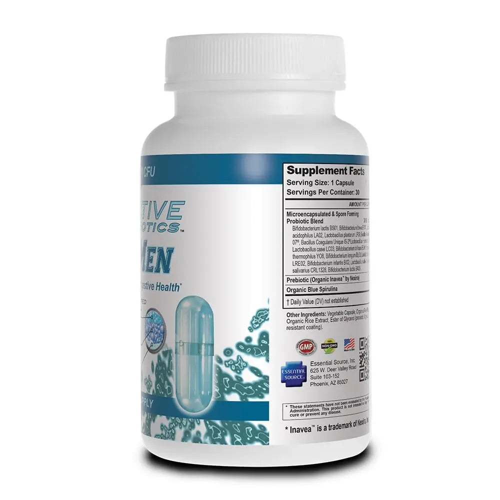 Essential Source TriActive Biotics for Men - Probiotic Capsules, 30 Billion CFU with Prebiotics & Blue Spirulina, Shelf Stable, Allergen Free, Digestive & Immune Support, 30 Count Essential Sourcenz supplements