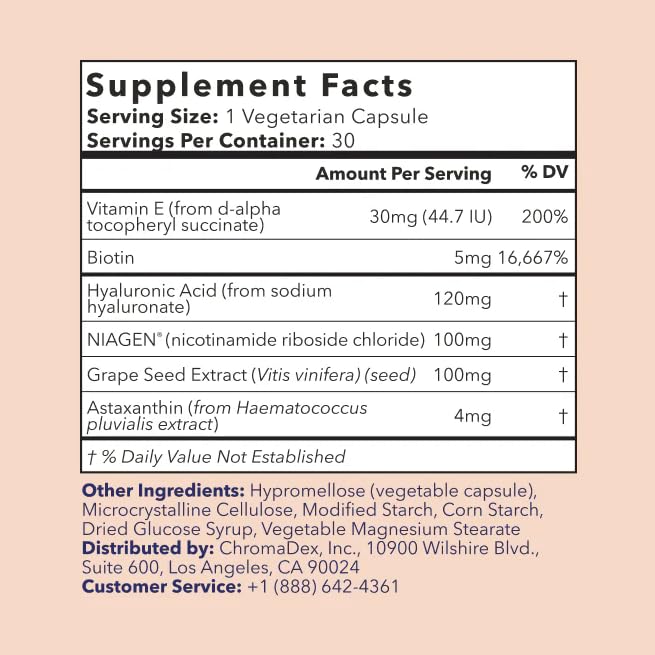 TRU NIAGEN BEAUTY NAD+ for Hair, Skin & Nails | Contains Niagen®, Astaxanthin, Hyaluronic Acid, Biotin | Supports Skin Elasticity & Moisture Retention | Daily Supplements for Men & Women | 30 Servings TRU NIAGENUS supplements