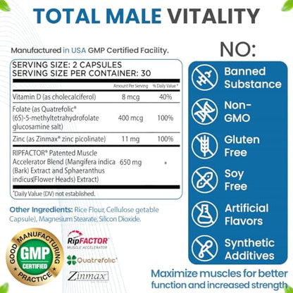 Advanced Muscle Building Supplement for Men with RipFactor, Zinc Picolinate, Vitamin D3 Revival PointUS supplements