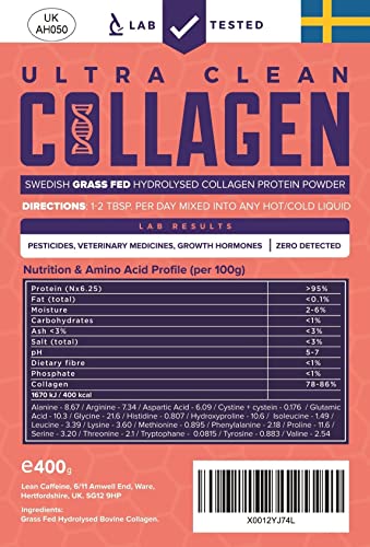 Clean & Pure Collagen Powder, Lab Tested Bovine Peptides with No or Zero Growth Hormones, Pesticides or Vet Meds - 400g Lean CaffeineUS supplements