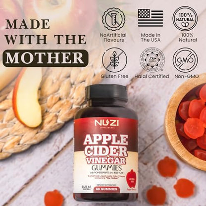 NUZI Apple Cider Vinegar Gummies with Pomegranate & Beetroot | 500 mg | Certified Halal NUZIUS supplements