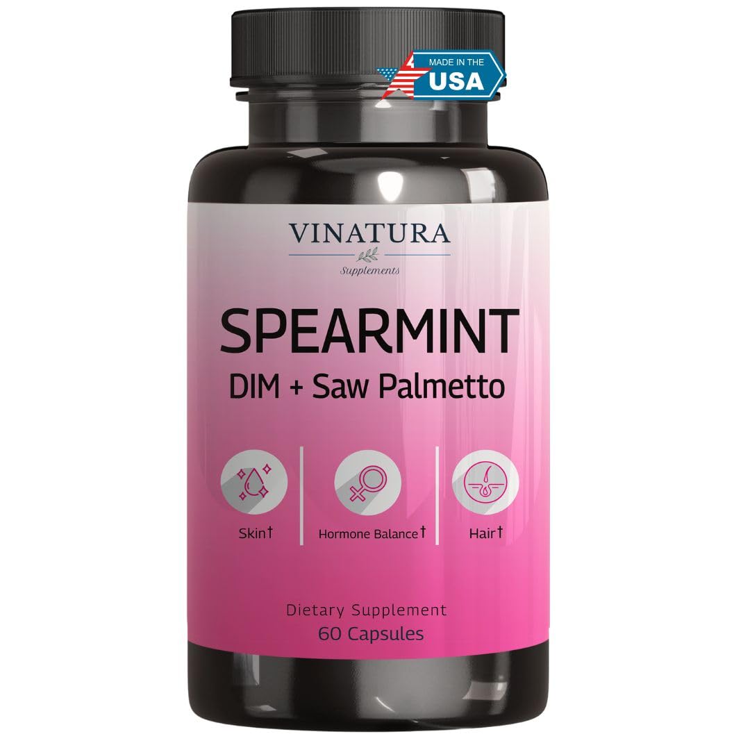 VINATURA Spearmint Leaf Capsules Supplement - Enhanced with DIM & Saw Palmetto, for Unwanted Hair, Women' Health & Skin *USA Made & Tested* - 1380mg/serving, 60 Capsules (30 Servings) VINATURAAu supplements