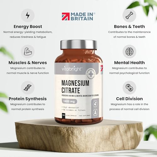 Magnesium Citrate - 1480mg High Strength - 240 Capsules (4 Month Supply) - Vegan VitaBrightUS supplements