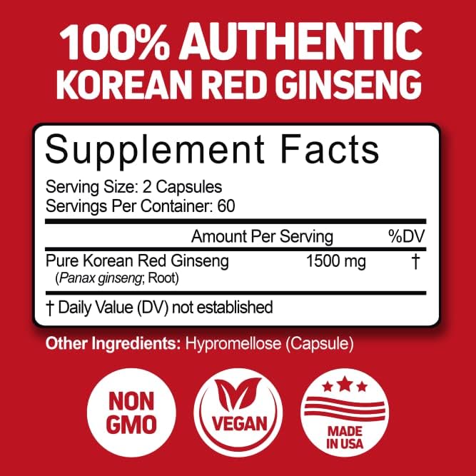 Herbtonics Korean Red Panax Ginseng 1500mg - Energy Supplement for Peak Performance, Focus & Vitality - High Potency Ginseng Root Extract - 120 Vegan Capsules HerbtonicsAu supplements