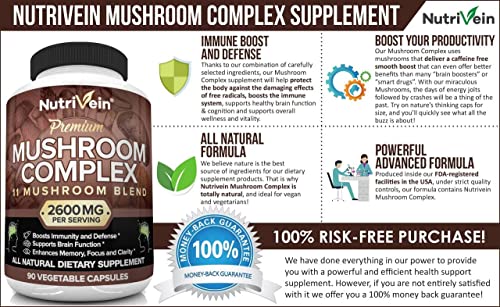 Nutrivein Mushroom Supplement - 2600mg - 90 Capsules - 11 Organic Mushrooms NutriveinAu supplements