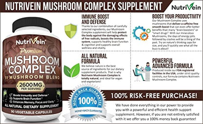Nutrivein Mushroom Supplement - 2600mg - 90 Capsules - 11 Organic Mushrooms NutriveinUS supplements